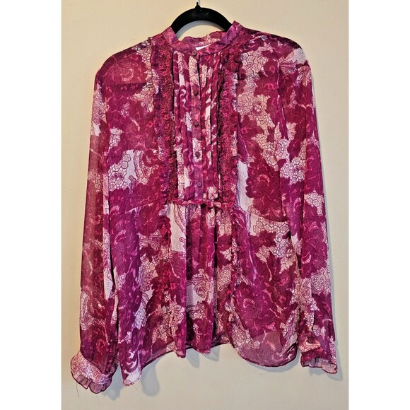 Sheer Blouse Women Size Large Burgundy Long Sleeve, floral,ruffles NY & co - Picture 1 of 5